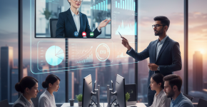 Virtual CFO presenting financial reports and growth analytics to MSME team via digital dashboard in modern office