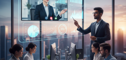 Virtual CFO presenting financial reports and growth analytics to MSME team via digital dashboard in modern office