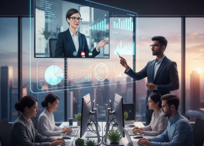 Virtual CFO presenting financial reports and growth analytics to MSME team via digital dashboard in modern office