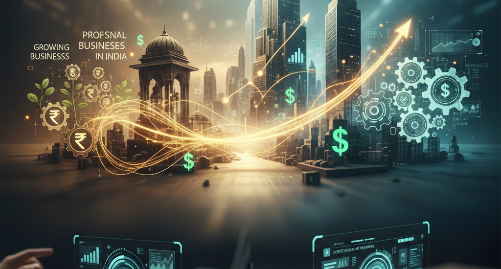 Digital illustration of India business growth concept with city skyline, financial graphs, rupee and dollar symbols, and professionals using futuristic touch screens.