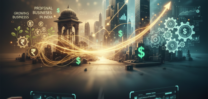 Digital illustration of India business growth concept with city skyline, financial graphs, rupee and dollar symbols, and professionals using futuristic touch screens.