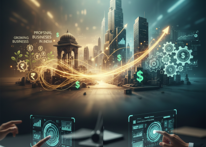 Digital illustration of India business growth concept with city skyline, financial graphs, rupee and dollar symbols, and professionals using futuristic touch screens.
