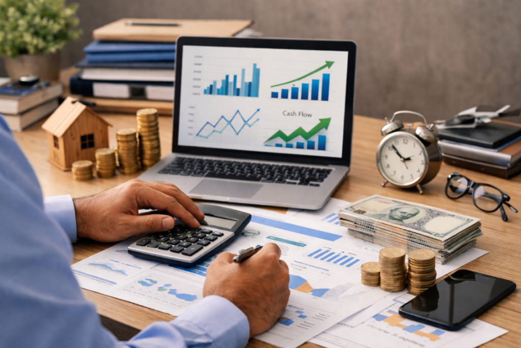 Professional bookkeeping and cash flow management analysis with financial reports, calculator, laptop charts, and cash on desk