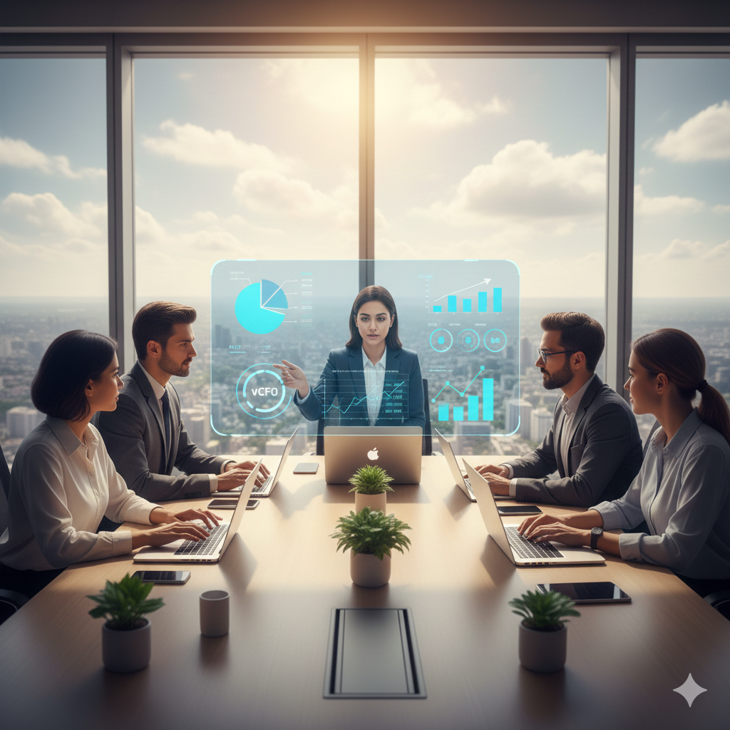 Virtual CFO presenting financial analytics dashboard to business team in modern office meeting room
