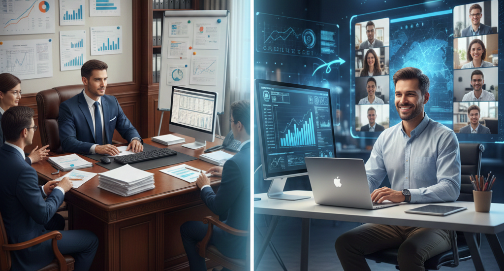 Comparison between In-House CFO and Virtual CFO Services showing traditional office meeting vs digital remote financial management.