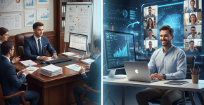 Comparison between In-House CFO and Virtual CFO Services showing traditional office meeting vs digital remote financial management.