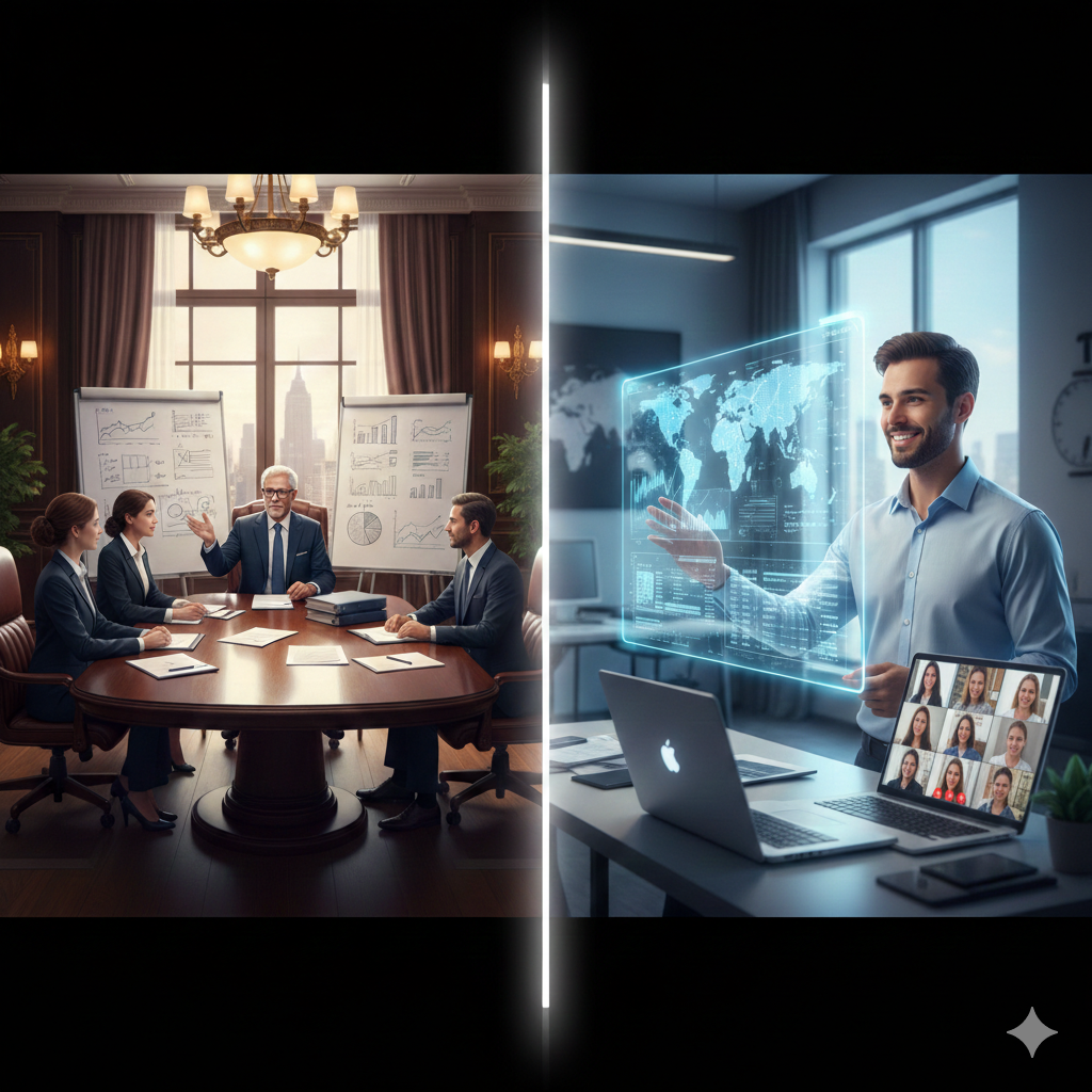 Virtual CFO services vs in-house CFO comparison showing traditional boardroom meeting and remote financial management technology